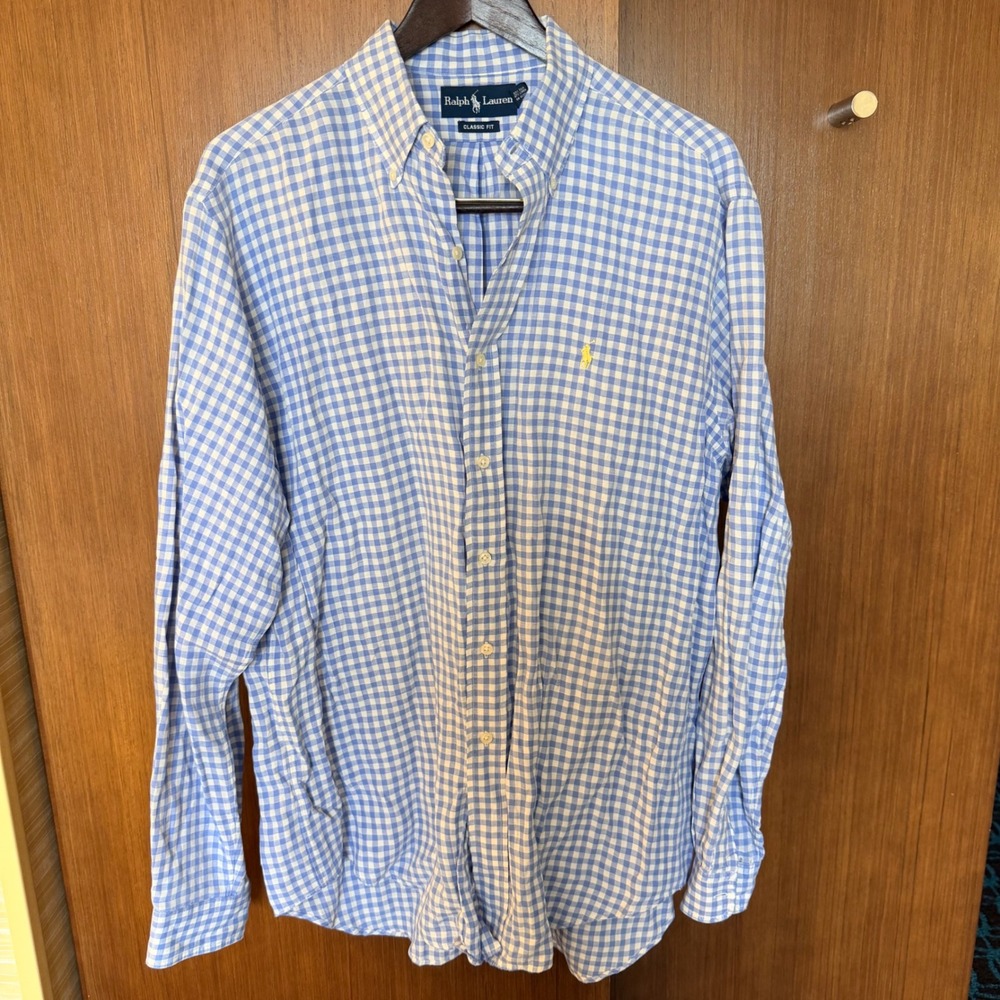 Ralph Lauren Mens Blue Gingham Silk Linen Button Down Shirt Classic Fit Large